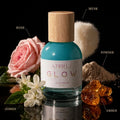 Bottle of Athr Glow perfume with floral elements and labeled ingredients on a dark background