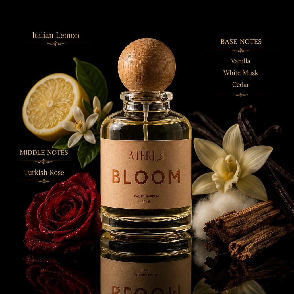 A bottle of Atril Bloom Eau de Parfum centered on a black reflective background, surrounded by fragrance ingredients including a sliced lemon, white flower, red rose, vanilla pods, and cinnamon. Text labels indicate notes: Italian Lemon, Middle Notes, Turkish Rose, Base Notes: Vanilla, White Musk, Cedar.