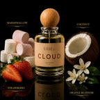 A bottle of Atrium Cloud Eau de Parfum centered on a black reflective background, surrounded by flavor-themed props: marshmallows, a strawberry, a coconut half, orange blossom flowers, and the words Marshmallow, Coconut, Strawberry, and Orange Blossom.