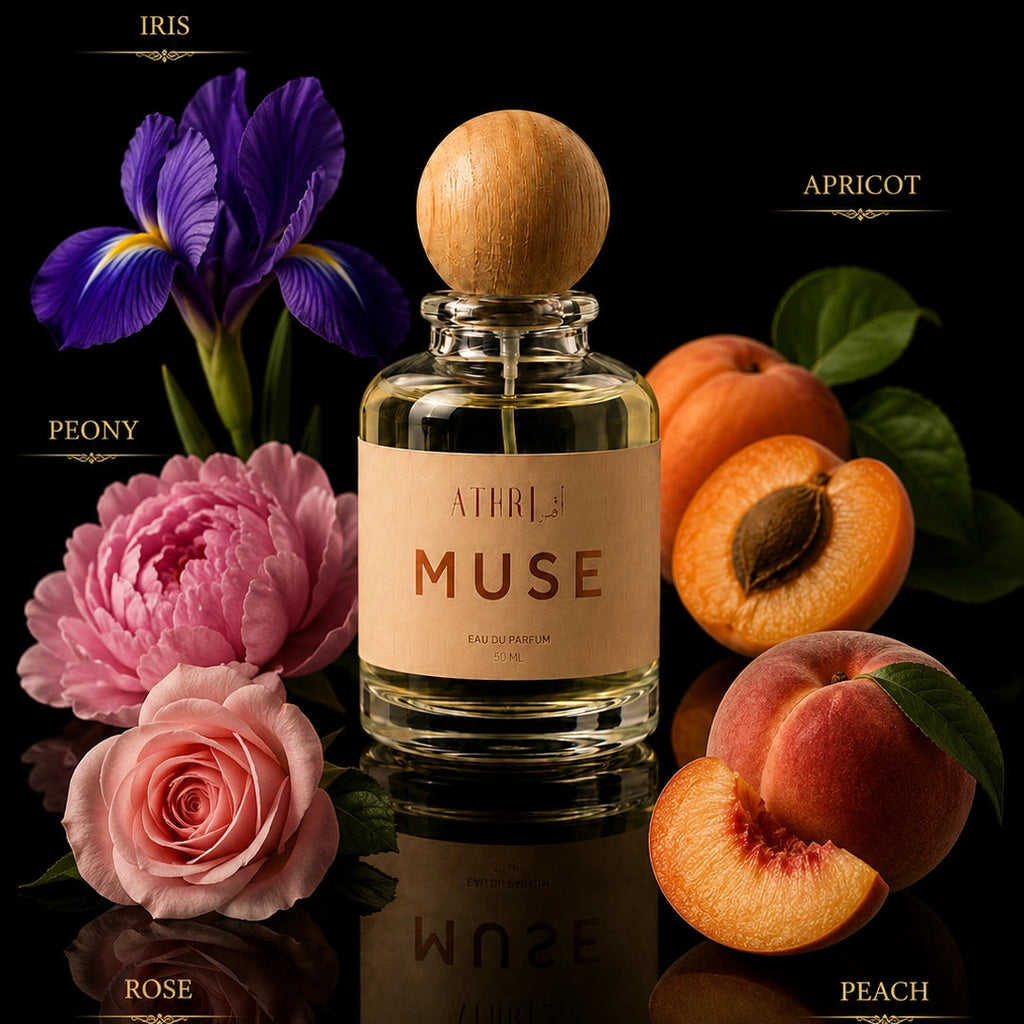 A perfume bottle labeled AETHER MUSE with a wooden cap, surrounded by flowers and fruit on a black reflective background. Text labels identify the scents: IRIS, PEONY, APRICOT, ROSE, and PEACH.