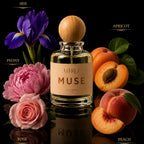 A perfume bottle labeled AETHER MUSE with a wooden cap, surrounded by flowers and fruit on a black reflective background. Text labels identify the scents: IRIS, PEONY, APRICOT, ROSE, and PEACH.