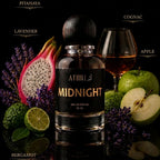 A bottle of Athri Midnight Eau de Parfum is centered on a reflective black surface, surrounded by fragrance-inspired ingredients including a glass of cognac, apple, bergamot, lavender, and dragon fruit. Text labels identify the notes: PITHAHAYA, COGNAC, LAVENDER, APPLE, and BERGAMOT.