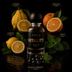 A bottle of Athri Vitality Eau de Parfum centered on a glossy black background, surrounded by citrus fruits, mint leaves, and blackcurrants. Text labels at the top and bottom identify the scent notes: Citron, Orange, Lemon, Mint, and Black Currant.