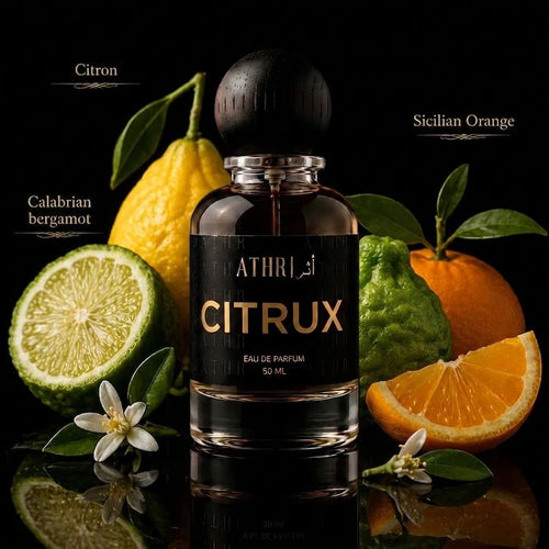 A 50 ml bottle of ATHRI CITRUX Eau de Parfum centered against a black background, surrounded by citrus fruits (lemons, oranges, bergamot), orange slices, and small white flowers. Text labels at the top indicate 'Citron', 'Sicilian Orange', and 'Calabrian bergamot'.