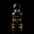A 50 ml bottle of Athri Crave Eau de Parfum with a black label and a dark wooden spherical cap, set against a solid black background with a subtle reflection below.