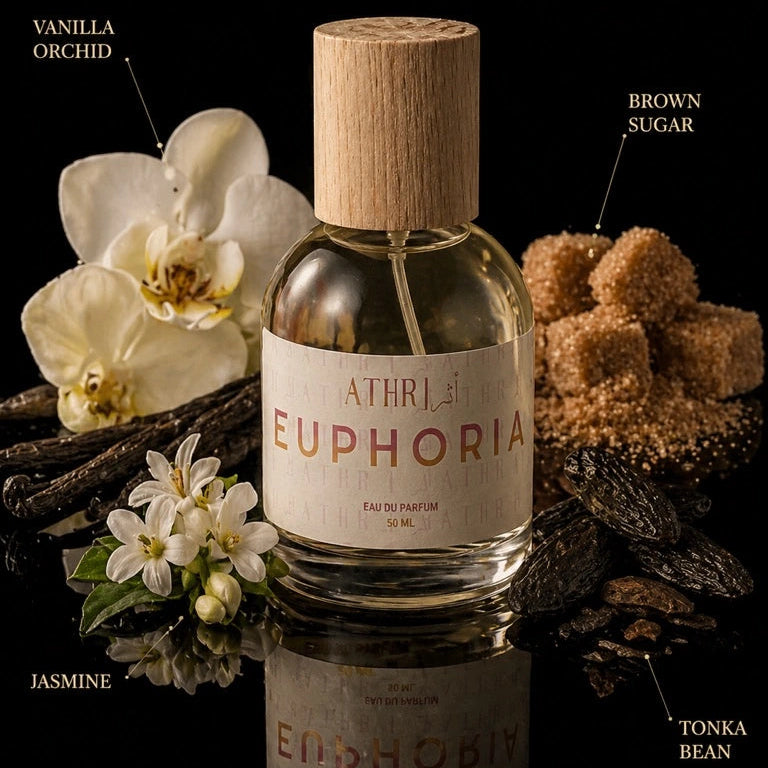 Athri Euphoria perfume bottle with vanilla orchid, brown sugar, jasmine, and tonka bean elements on a black background.