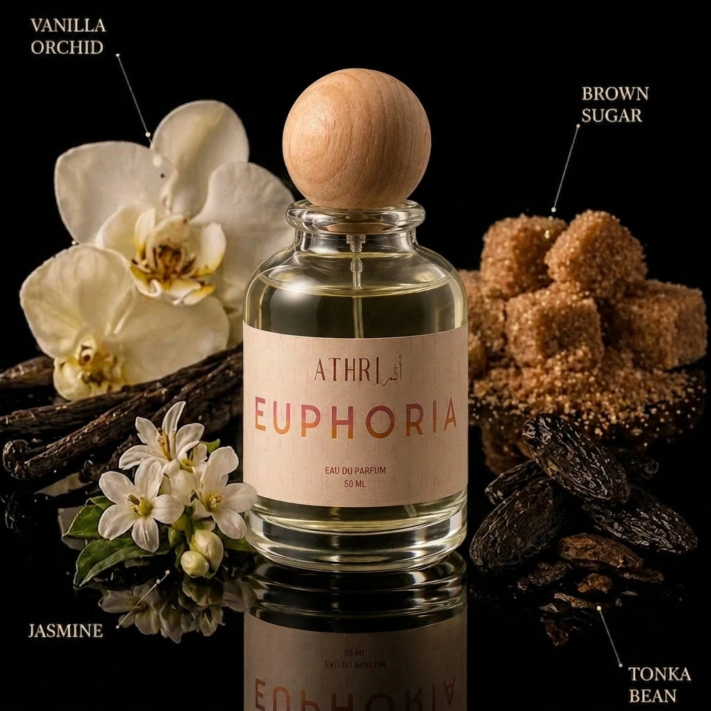 A bottle of Athri Euphoria Eau de Parfum centered on a black reflective surface, surrounded by labeled ingredients including vanilla orchid, brown sugar, jasmine blossoms, and tonka bean. The bottle has a pale wood cap and a cream label with pink lettering.