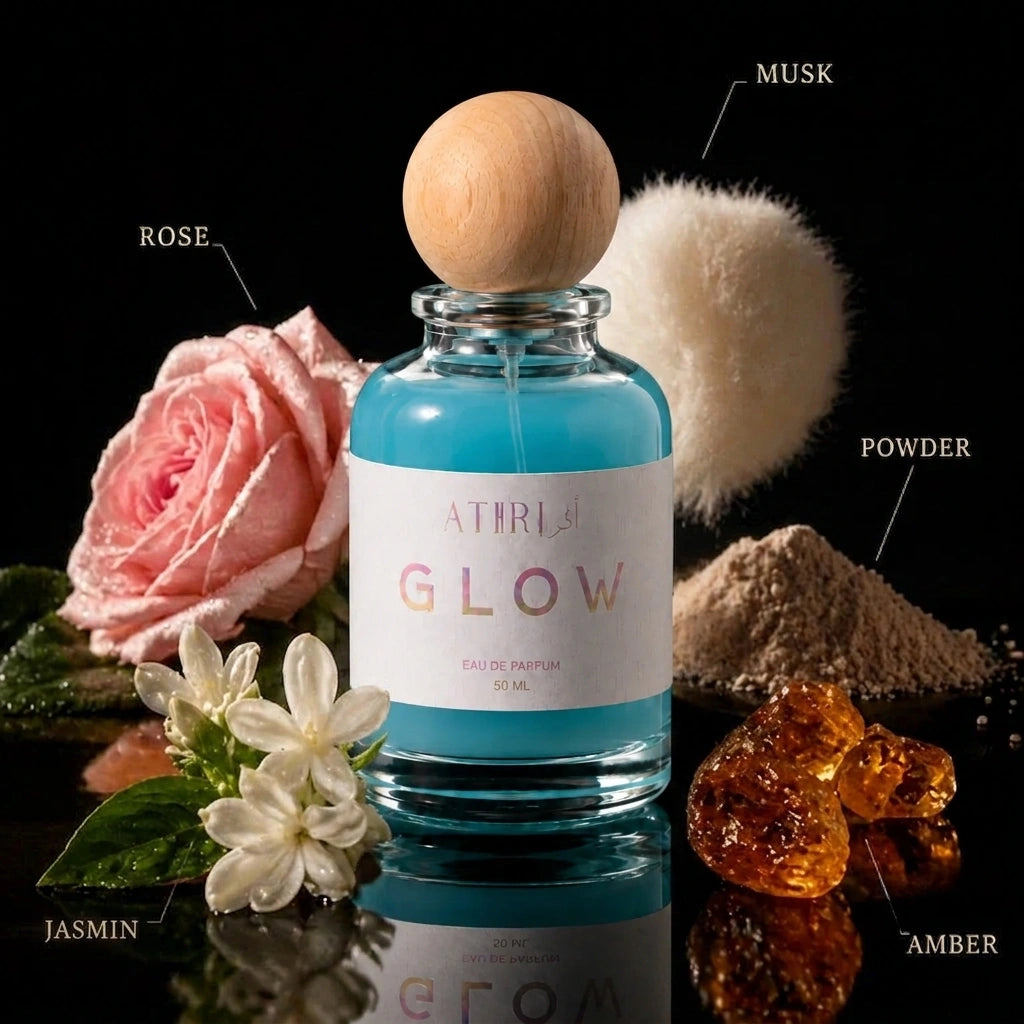 A clear glass perfume bottle filled with bright aqua blue liquid, topped with a round natural wood cap, centered on a black reflective surface. The bottle is surrounded by fragrance-themed props and labeled ingredients: a pink rose, white jasmine flowers, a fluffy white pom-pom labeled MUSK, a pile of beige powder labeled POWDER, and amber crystals labeled AMBER.