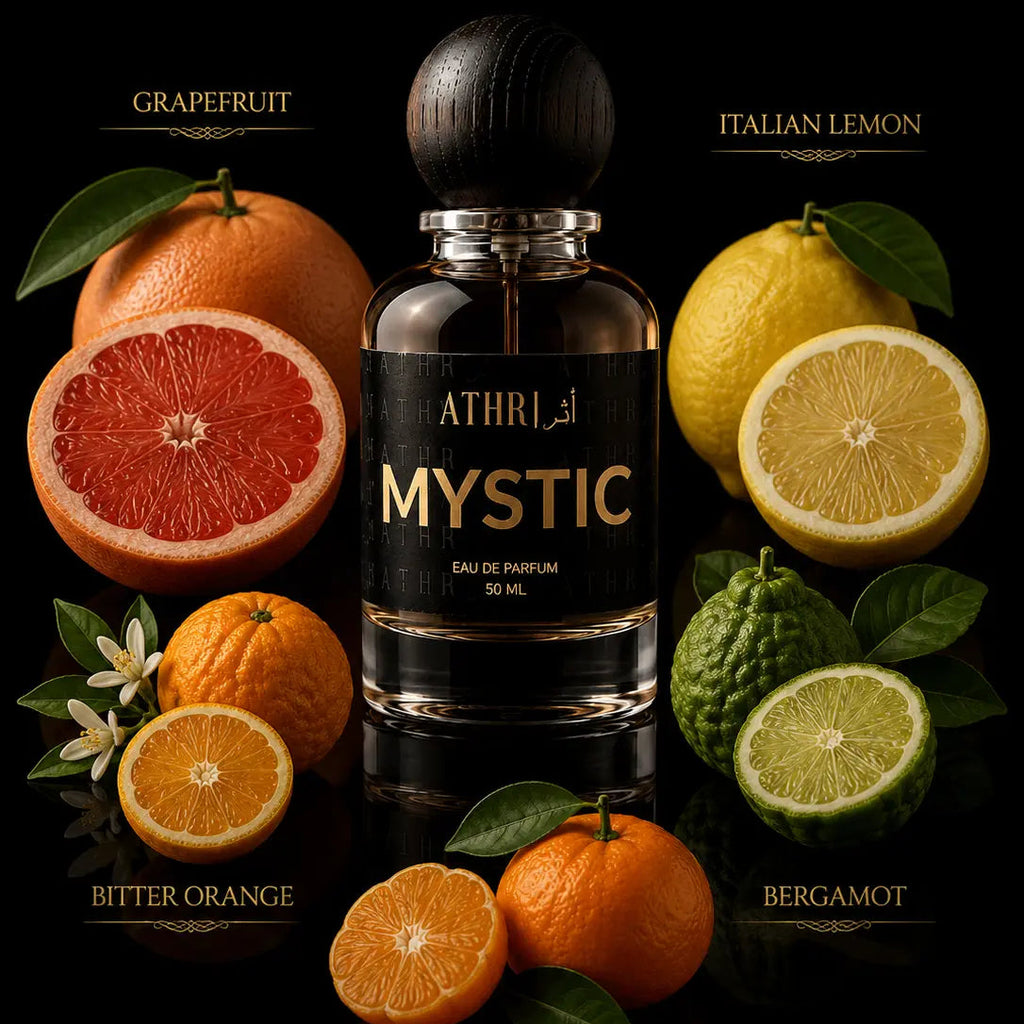 A perfume bottle labeled ATHRI MYSTIC Eau de Parfum, 50 ml, centered on a black reflective background, surrounded by citrus fruits and bergamot with scent names: Grapefruit, Italian Lemon, Bitter Orange, Mandarin, and Bergamot.