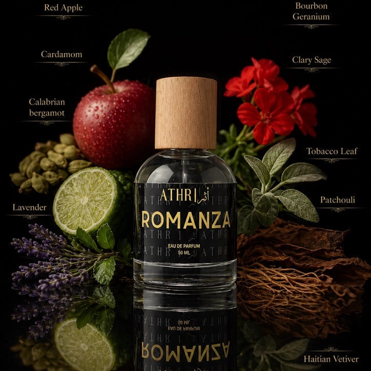 Athr Romanza perfume bottle with botanical elements and labels on a dark background