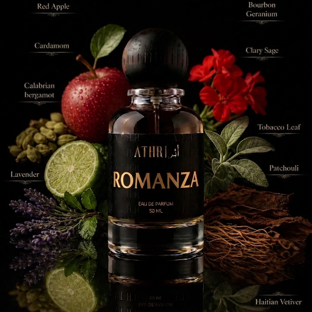 Athri Romanza Eau de Parfum 50ml bottle in a dark glass bottle with a black label and black spherical cap, surrounded by its scent notes including red apple, cardamom, calmbrian bergamot, red flowers, lavender, tobacco leaf, patchouli, and Haitian vetiver on a black background.