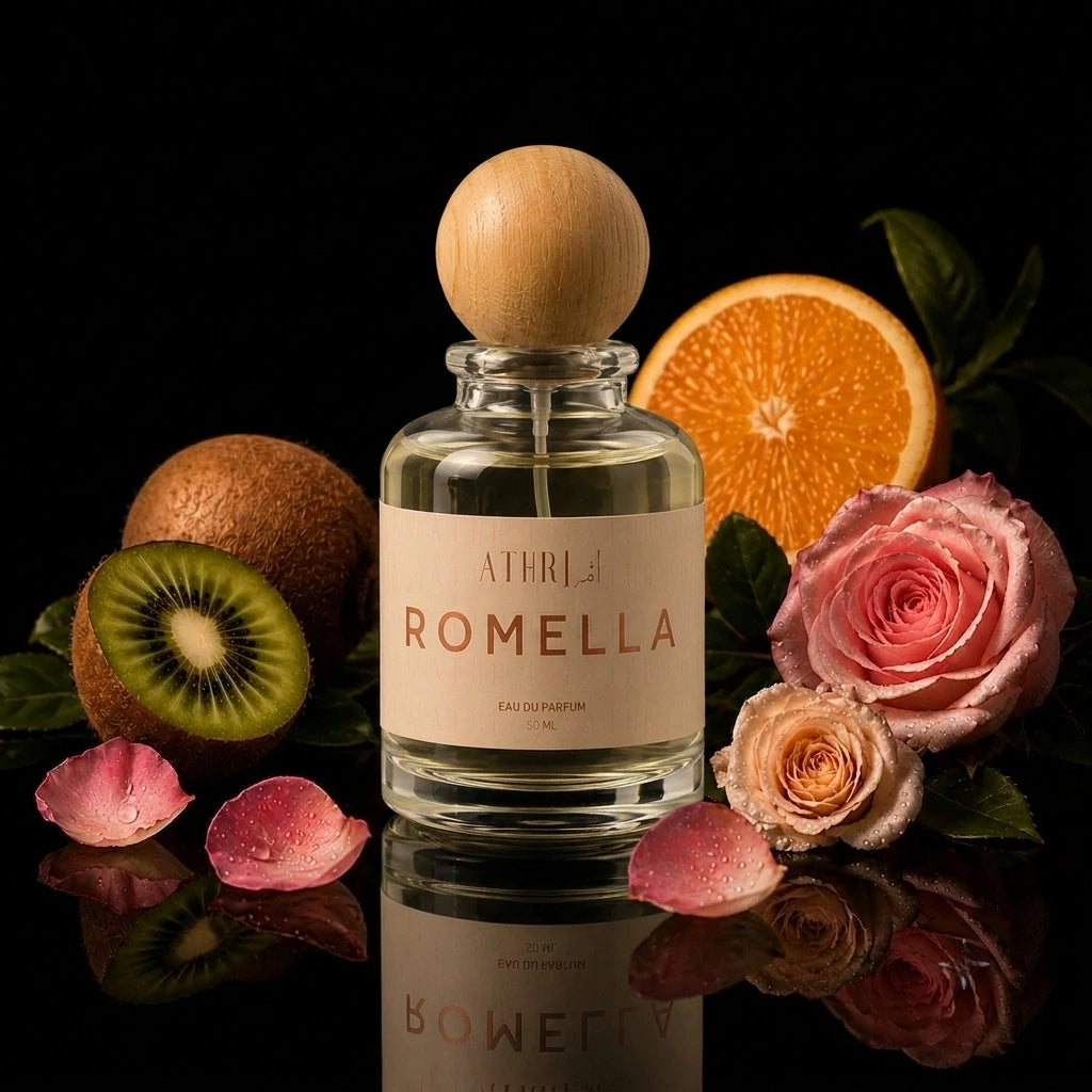 A bottle of Aithria Romella Eau de Parfum with a wooden cap, set against a black background with pink roses, kiwi, and orange slices around it.