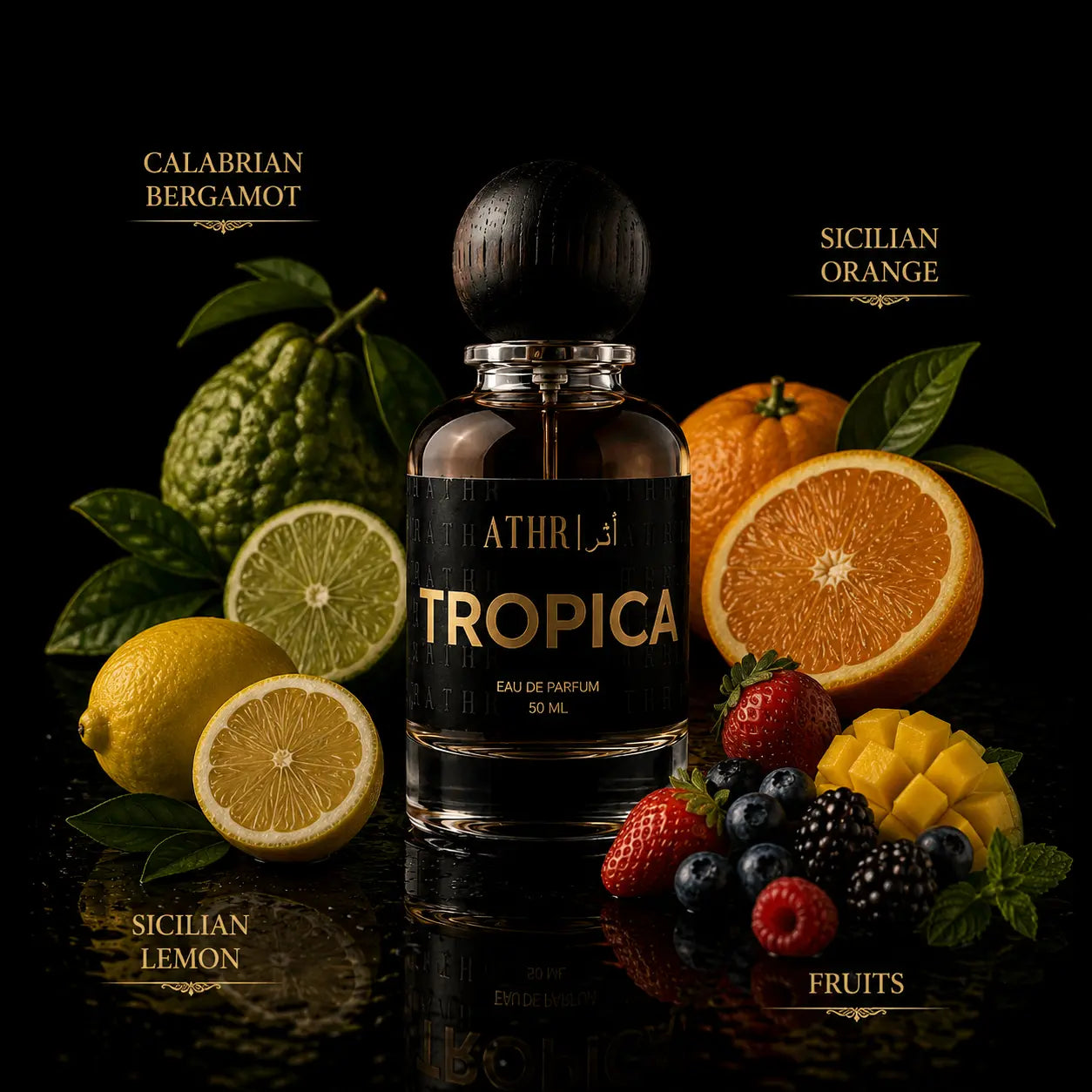 A bottle of ATHRI TROPA Eau de Parfum centered on a black reflective surface, surrounded by citrus fruits, berries, and green leaves. Text labels identify Calabrian Bergamot, Sicilian Orange, Sicilian Lemon, and Fruits.