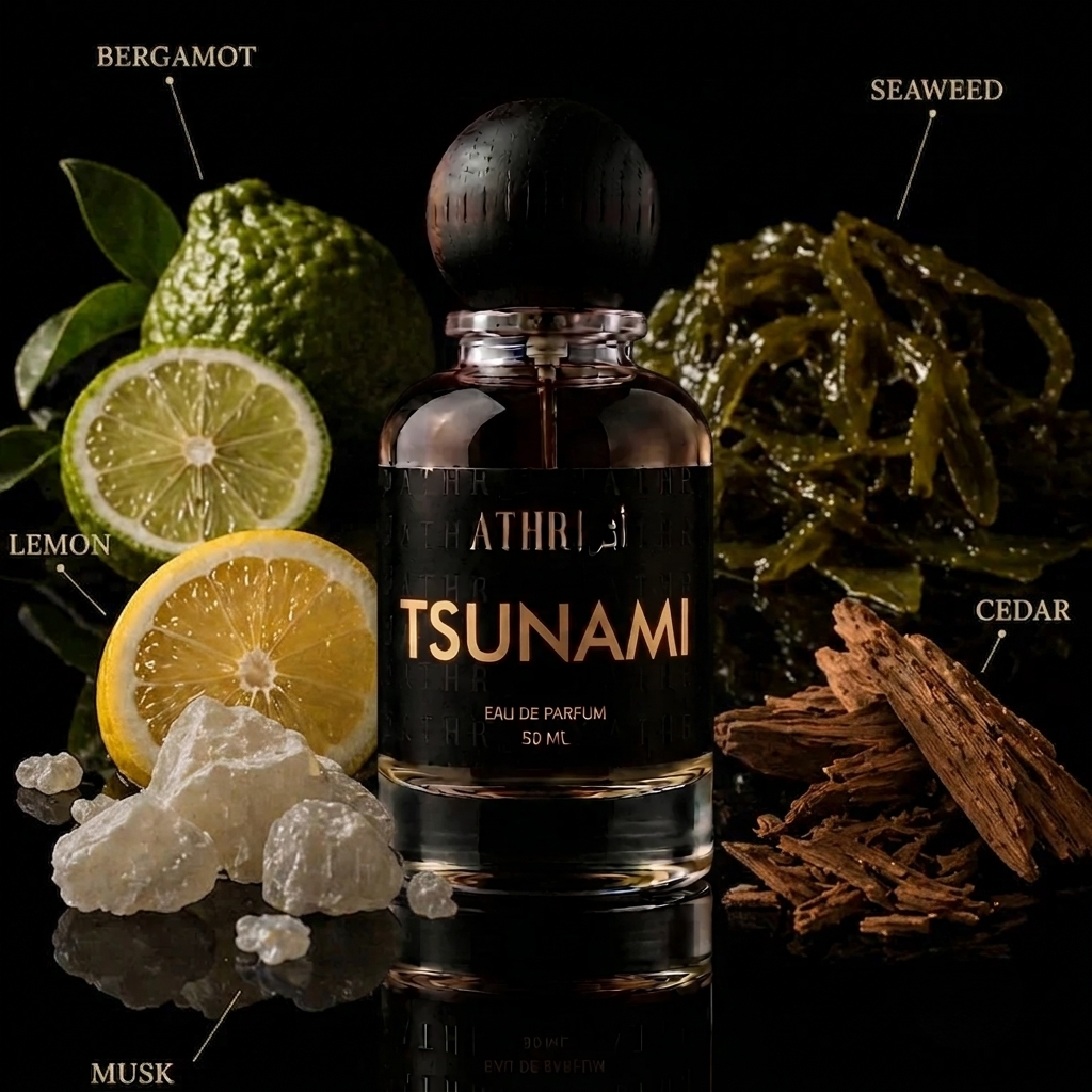 Athri Tsunami Eau de Parfum 50ml bottle in a dark glass bottle with a black label and dark wooden cap, surrounded by its scent notes: bergamot, lemon, seaweed, cedar, and musk, on a reflective black background.