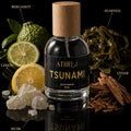 Athr Tsunami perfume bottle with botanical elements on a black background