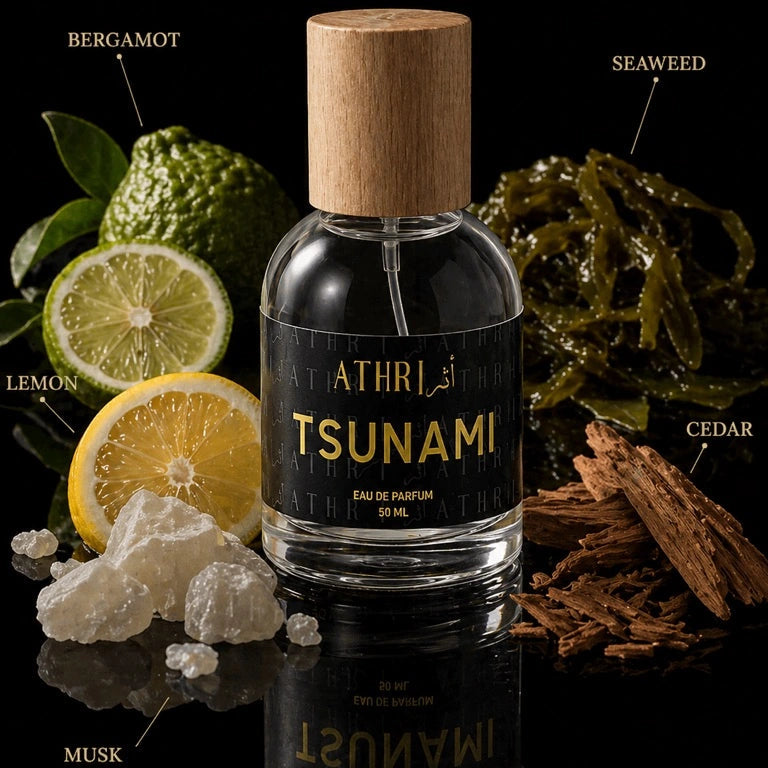 Athr Tsunami perfume bottle with botanical elements on a black background